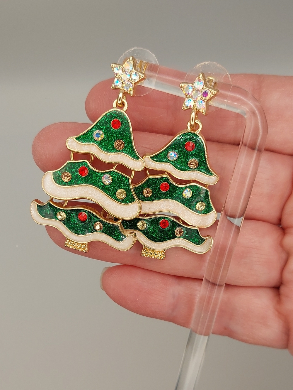 Festive Green Enamel Christmas Tree AB Drop Pierced Earrings - Unbranded NWOT